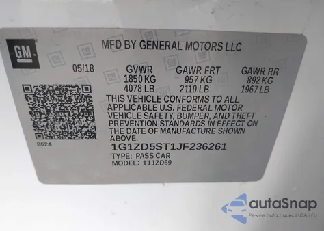 2018 Chevrolet Malibu Lt z USA, uszkodzony, nr VIN 1G1ZD5ST1JF236261